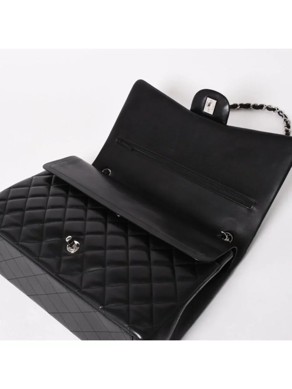 Chanel Maxi Quilted 33 Double Flap Chain Shoulder Bag CC Logo Lambskin Black